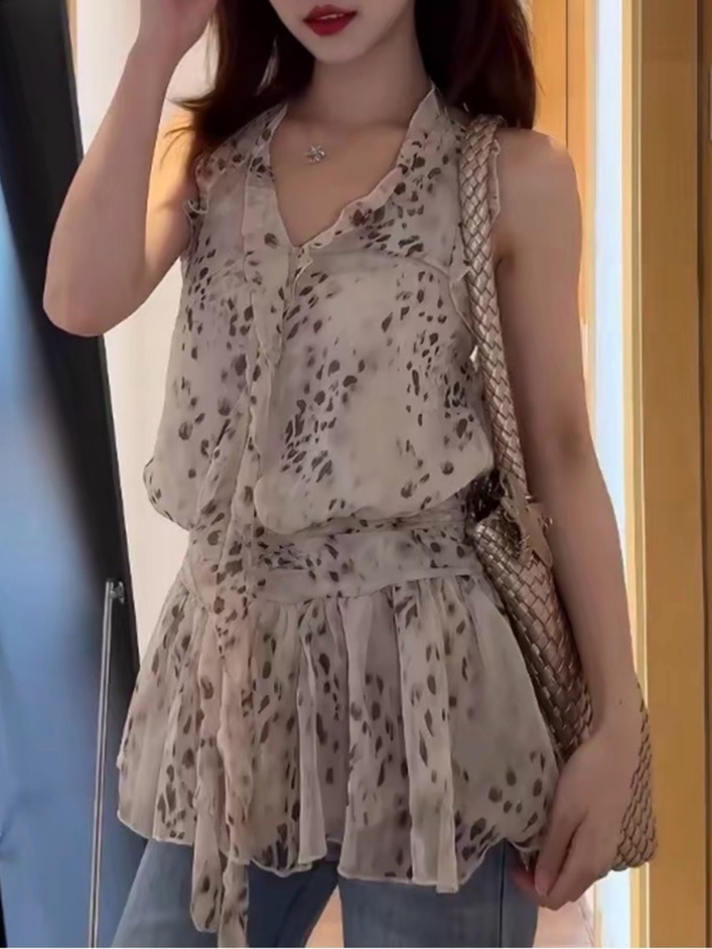 Sleeveless Beige Printed Ruffle Hem Crop Top